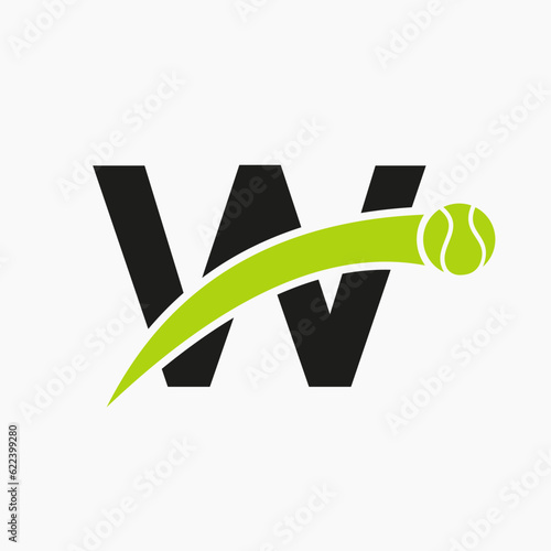 Tennis Logo On Letter W With Moving Tennis Ball Icon. Tennis Logo Template
