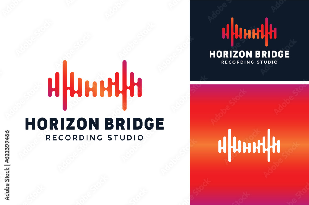 Bridge with Audio Sound Wave Waveform for Record Voice Studio Music logo design Bridge with Audio Sound Wave Waveform for Record Voice Studio Music logo design
