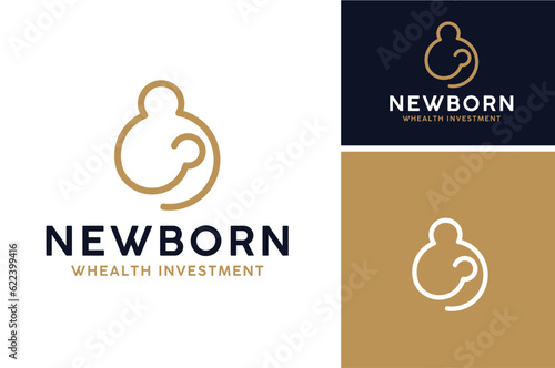 Simple Beauty Mother and Children, Mom Baby with Traditional Coin Container Piggy Bank for Wealth Family Life Insurance Investment Finance logo design