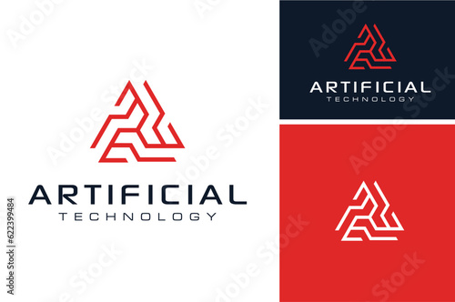 Futuristic Triangle Shape Circuit Link Line for Digital Robot Tech Technology Logo design