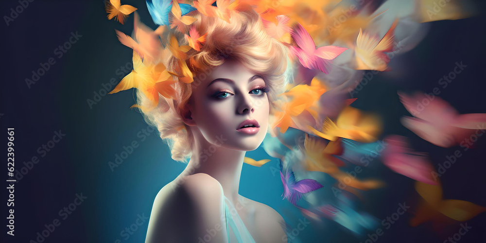 Haute couture or high fashion design in vivid colorful makeup on woman model on isolated background. Contemporary abstract art design of beautiful dress in flower style, Generative AI