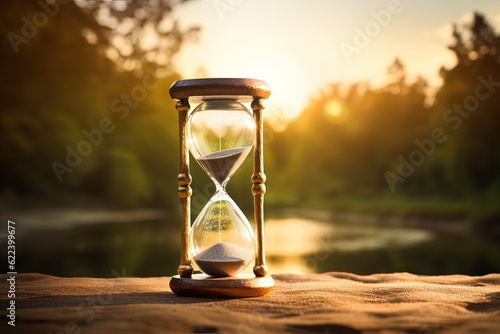 Hourglass on the shore of lake with blurred landscape in the background, concept of patience and the importance of waiting for the right moment, Generative AI