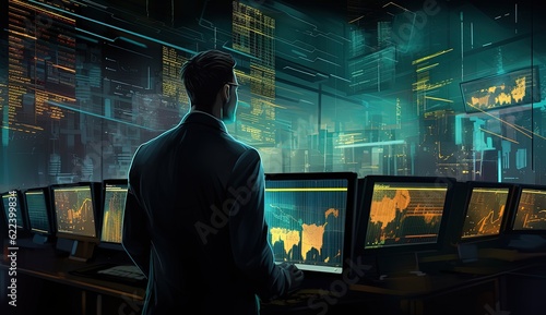 Man in a suit in a financial market office with several operation and analysis screens, Generative AI