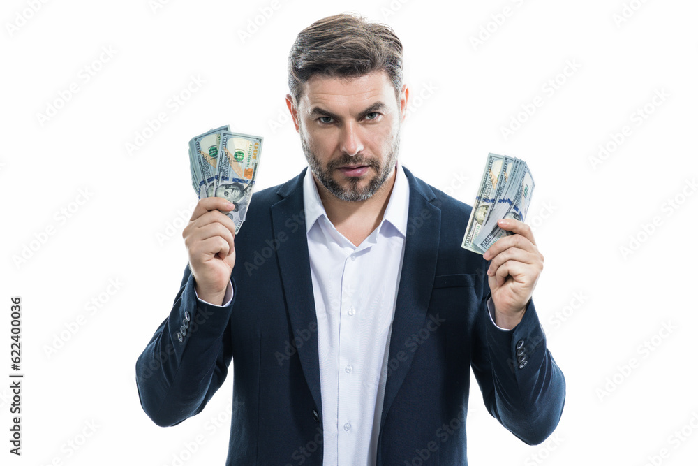Business man hold money on white studio isolated background. Rich man in suit with money dollar bills. Successful businessman with dollar banknotes. Rich millionaire in suit holding money. Business man hold money on white studio isolated background. Rich man in suit with money dollar bills. Successful businessman with dollar banknotes. Rich millionaire in suit holding money.