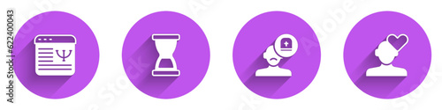 Set Online psychological counseling, Old hourglass, Male doctor and Broken heart divorce icon with long shadow. Vector