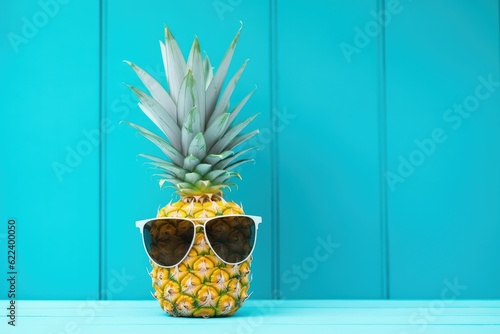 Pineapple with sunglasses on blue wooden background, summer concept, Generative AI