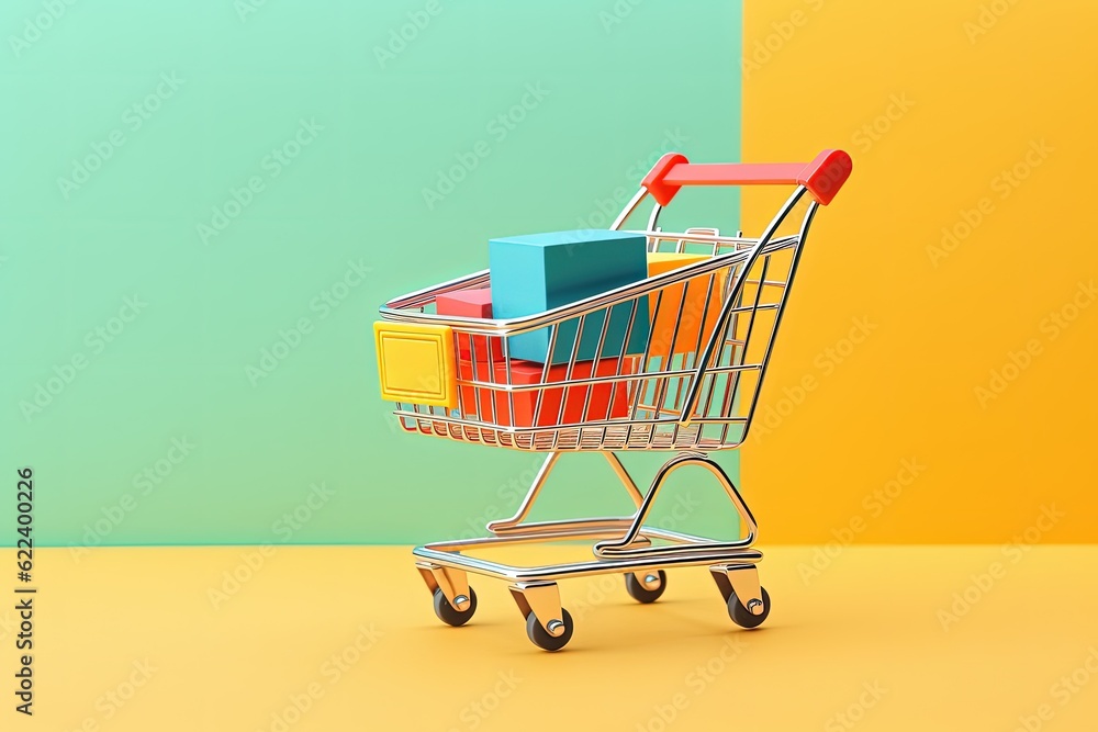 Shopping cart with colorful boxes on colorful background, Generative AI
