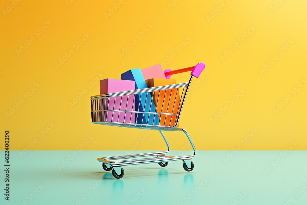 Shopping cart with colorful boxes on yellow background, Generative AI