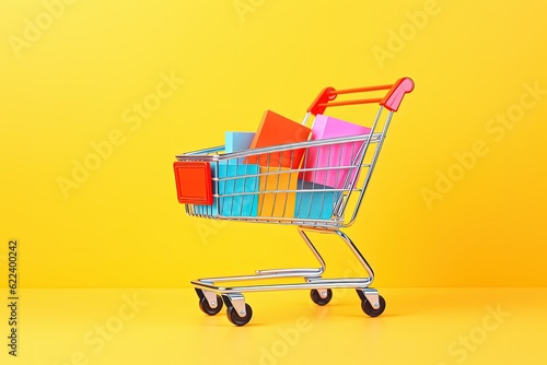 Shopping cart with colorful boxes on yellow background, supermarket cart, Generative AI