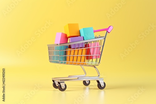 Shopping cart with colorful boxes on yellow background, supermarket cart, Generative AI