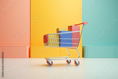Shopping cart with colorful boxes on colorful background, Generative AI 