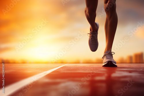 Athlete runner running at sunrise through the stadium