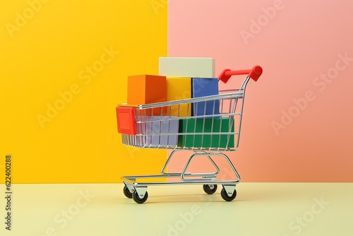 Shopping cart with colorful boxes on colorful background, Generative AI 