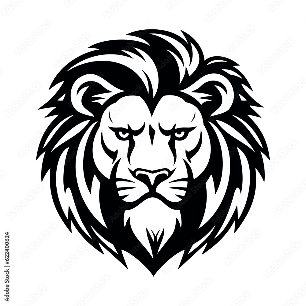 Lion head front view black and white vector illustration. logo design