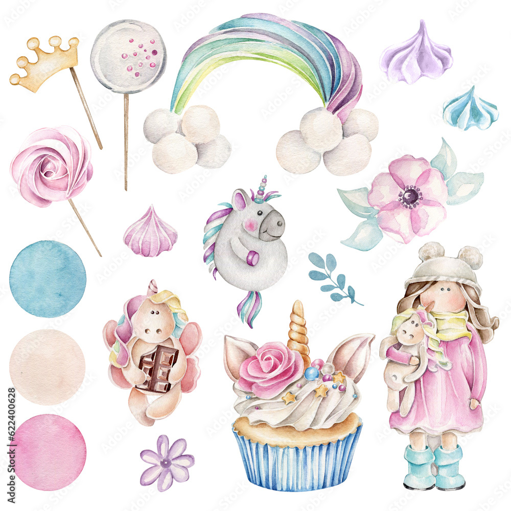 unicorn, rainbow, sweets and candy, doll with unicorn, cupcake. Magic trendy cartoon collection perfect for nursery print and poster design unicorn, rainbow, sweets and candy, doll with unicorn, cupcake. Magic trendy cartoon collection perfect for nursery print and poster design