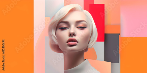 Art collage with close up fashion portrait young beautiful woman, Retro style collage, Generative AI