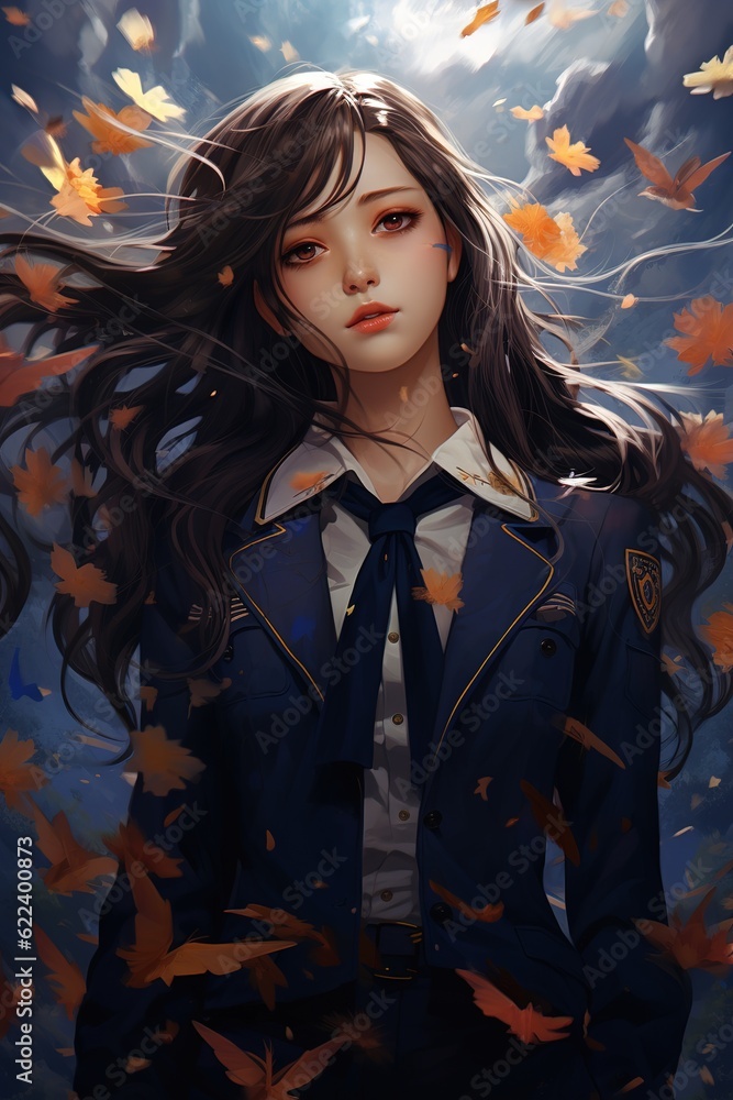 Anime girl in school uniform with flying hair.Generative AI