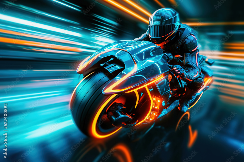 Biker rushes highway of the city. Motion blur of a racer driving a futuristic motorbike Biker rushes highway of the city. Motion blur of a racer driving a futuristic motorbike