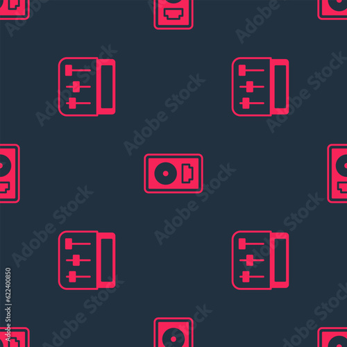 Set Drum machine music and CD disk award frame on seamless pattern. Vector