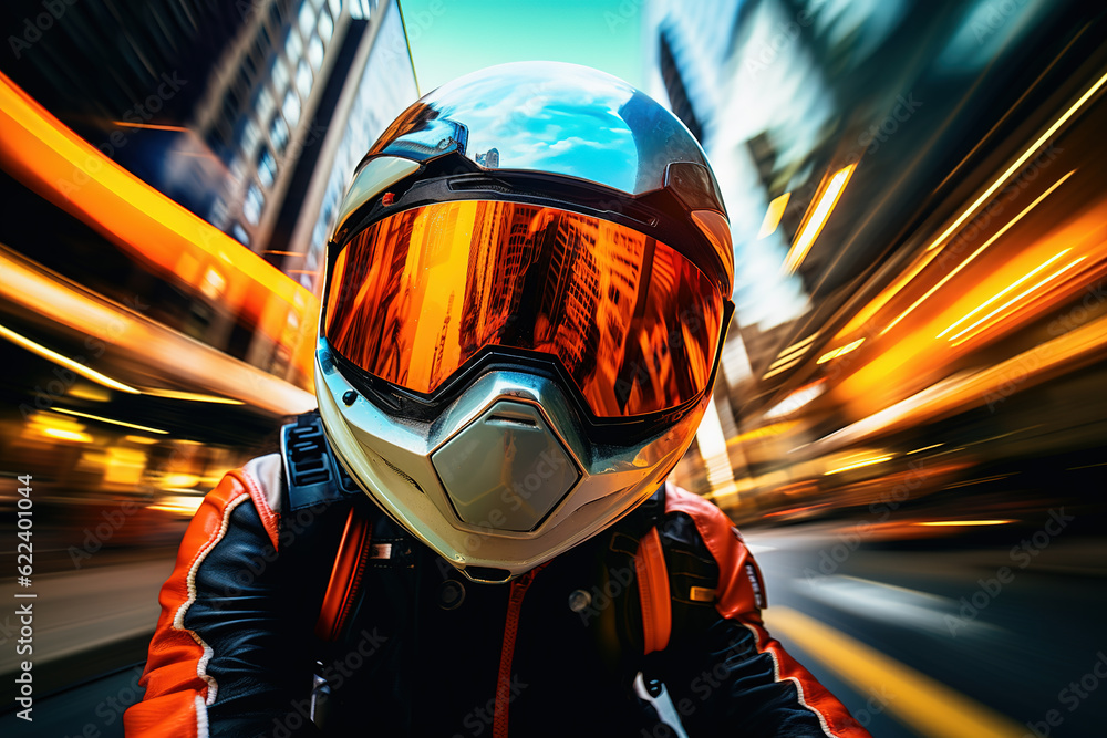 Person in a motorcycle. Cose up biker rushes highway of the city. Motion blur of a racer driving a futuristic motorbike Person in a motorcycle. Cose up biker rushes highway of the city. Motion blur of a racer driving a futuristic motorbike