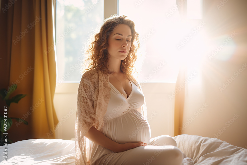 Pregnant woman touching her belly and meditating in light bedroom.Generative AI.