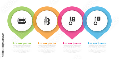 Set Bar of soap, Washcloth, Sauna thermometer and . Business infographic template. Vector