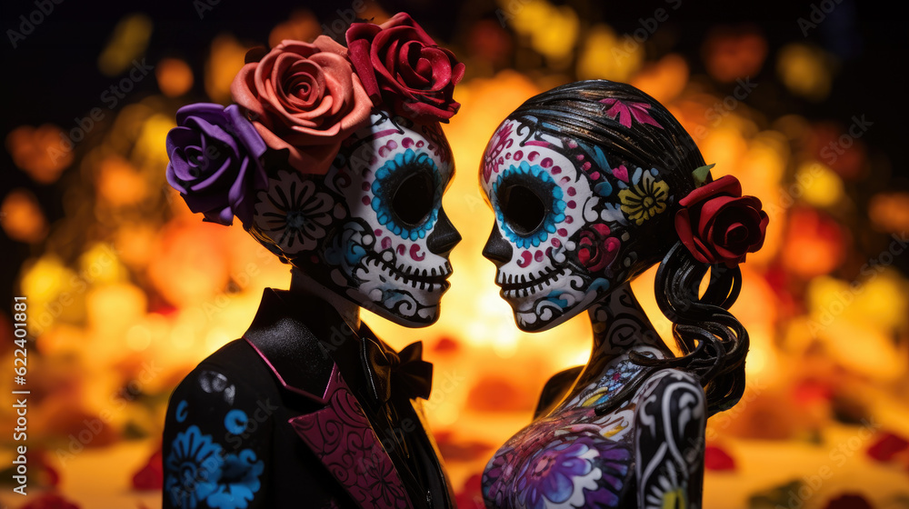 Naklejka premium Colorful Mexican Day of the Dead skull. Romantic skull couple with flowers and sunlight background. Mexican celebration inspired image.