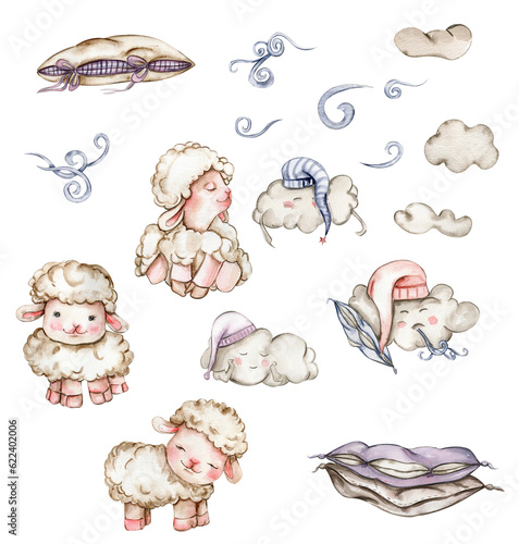 Watercolor hand drawn fluffy sheep, clouds and pillows. Illustration of farm baby animal . Perfect for wedding invitation, greetings card, posters, fabric patterns.