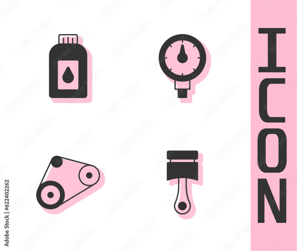 Set Engine piston, Canister for motor machine oil, Timing belt kit and Tire pressure gauge icon. Vector Set Engine piston, Canister for motor machine oil, Timing belt kit and Tire pressure gauge icon. Vector