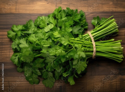 On a dark wooden table, a bunch of green fresh fragrant parsley before adding to food for taste and smell. Created with Generative AI technology.
