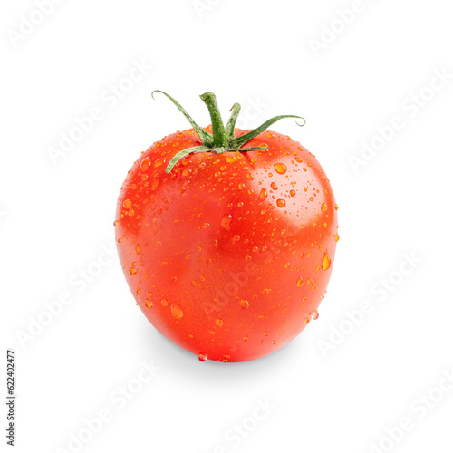 Wallpaper Mural Single bright red ripe tomato vegetable with green stem and leaves wet with water drops isolated on white background used as ingredient for ketchup sauce, salads, soup and drinks full of vitamins Torontodigital.ca