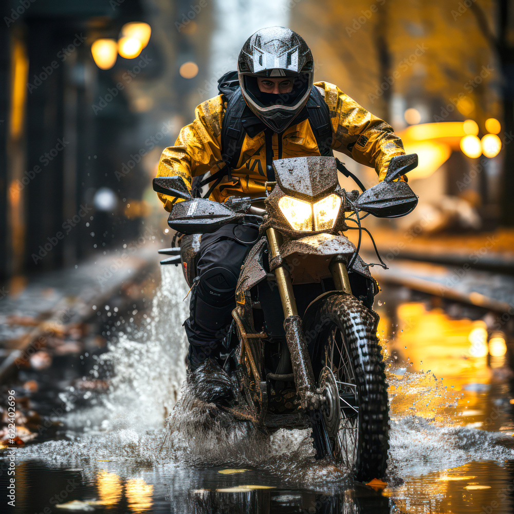 Mann auf einem Motorrad/Fahrrad im Regen, man on a bicycle in heavy rain