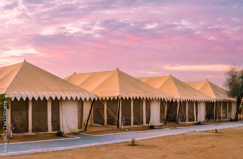 Luxury tents for Tourist with Dramatic sky during sunrise