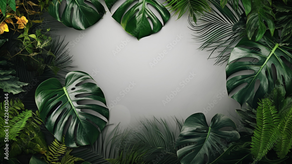 Monstera leaves frame with copy space tropical banner