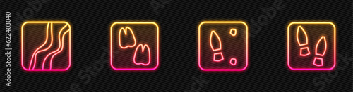Set line Human footprints shoes, Snake paw, Camel and . Glowing neon icon. Vector