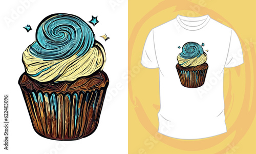 Vector graphic t-shirt design, with colorfull cupcake