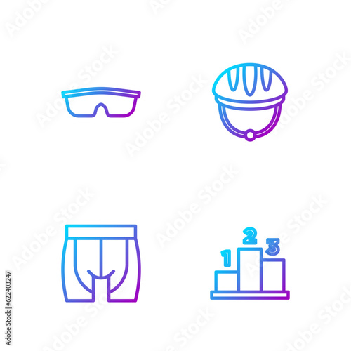 Set line Award over sports winner podium  Cycling shorts  Sport cycling sunglasses and Bicycle helmet. Gradient color icons. Vector