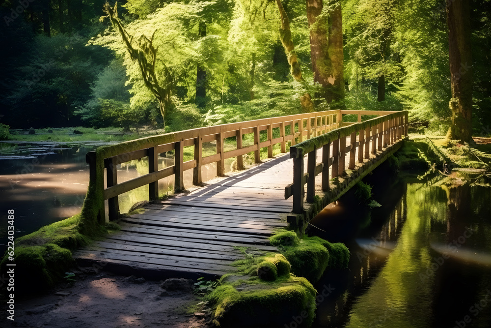 Crossing a Rustic Bridge, A narrow wooden bridge stretches across a crystal-clear river, nestled within a vibrant forest. Crossing a Rustic Bridge, A narrow wooden bridge stretches across a crystal-clear river, nestled within a vibrant forest.