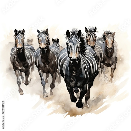 Zebras sprinting together  stirring up dusty trails.  Illustration  Generative AI 