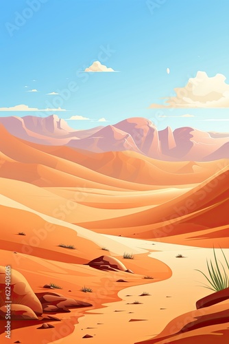 A computer created desert scene featuring mountains and sand dunes. (Illustration, Generative AI)