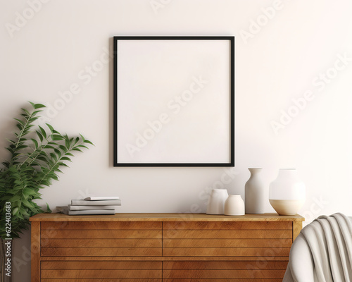 Mockup frame on cabinet in living room interior on empty wall background © id512