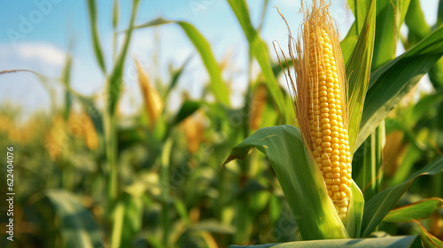 Ripe corn on the cob in farm field,agricultural landscape. The concept of processing corn into food, fuel, animal feed.The concept of industrial crop production.