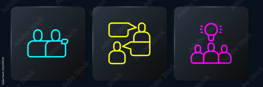 Set line BFF or best friends forever, Project team base and Two sitting men talking. Black square button. Vector Set line BFF or best friends forever, Project team base and Two sitting men talking. Black square button. Vector