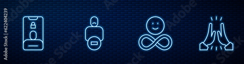Set line Friends forever, Incoming call on mobile, Loss of friend and Informal greeting. Glowing neon icon on brick wall. Vector