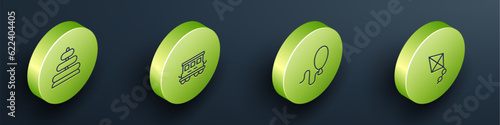 Set Isometric line Pyramid toy, Passenger train cars, Balloons and Kite icon. Vector