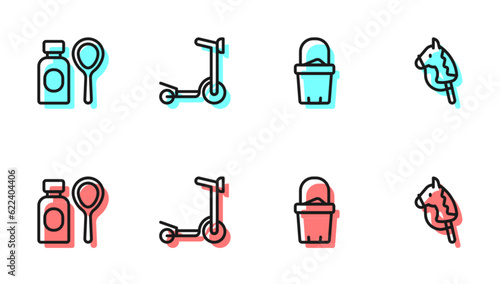 Set line Sand in bucket, Soap bubbles bottle, Roller scooter and Toy horse icon. Vector