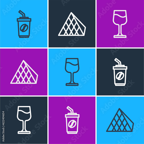 Set line Coffee cup to go, Wine glass and Louvre pyramid icon. Vector