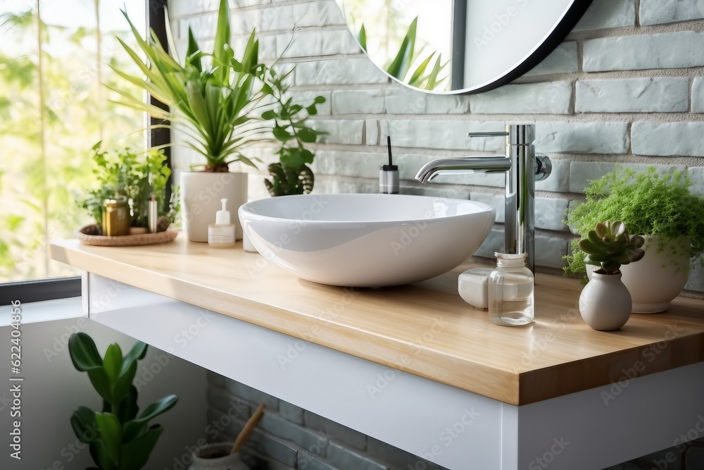 Fototapeta premium interior design,White modern bathroom. Bright room. Modern interior. Green plants on wooden counter and bathroom sink. created generative ai.
