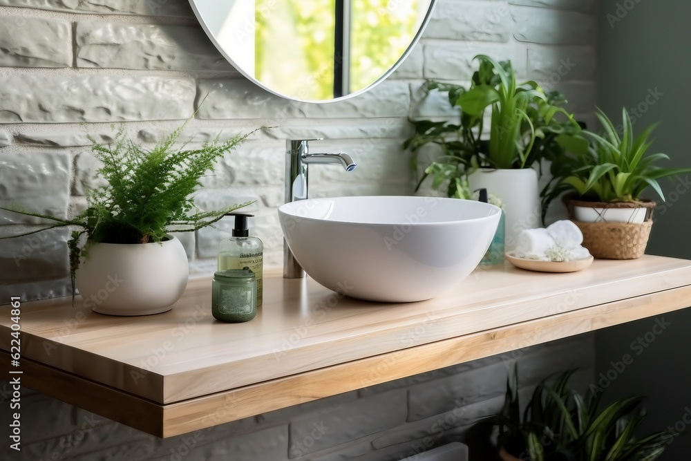 interior design,White modern bathroom. Bright room. Modern interior. Green plants on wooden counter and bathroom sink. created generative ai. interior design,White modern bathroom. Bright room. Modern interior. Green plants on wooden counter and bathroom sink. created generative ai.