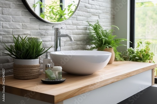 interior design White modern bathroom. Bright room. Modern interior. Green plants on wooden counter and bathroom sink. created generative ai.